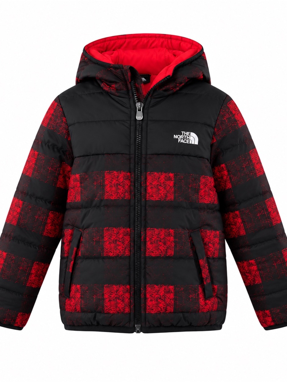 The North Face Toddler 5/5 Red & Black Plaid Hooded Puffer Jacket